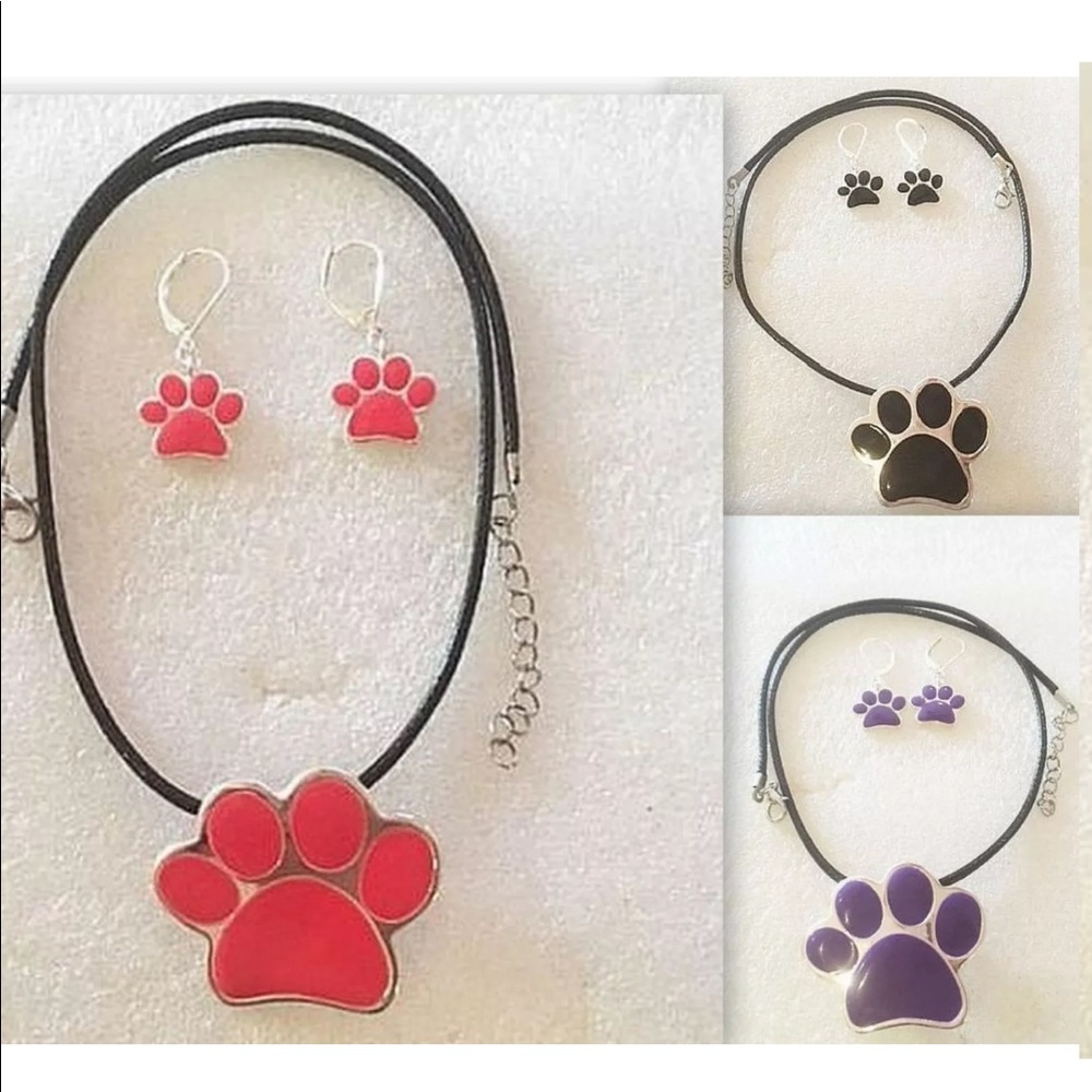 Paw Print Necklace + Earrings Pin Dog Cat  Cord